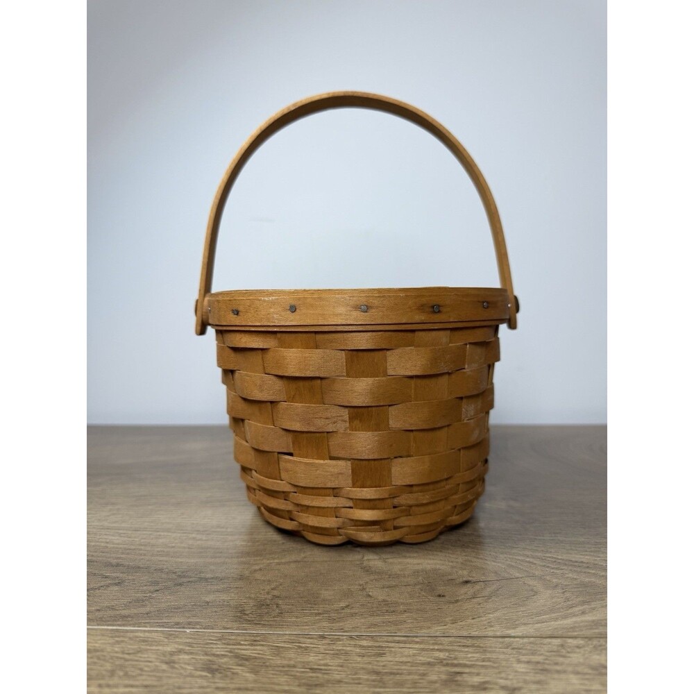 Vtg Longaberger Round Basket 1996 Swing Handle Handwoven Storage Classic Stain